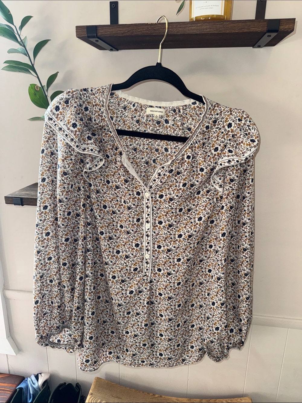 Max Studio Floral Ruffle V-Neck Blouse in Cream, Brown, Navy